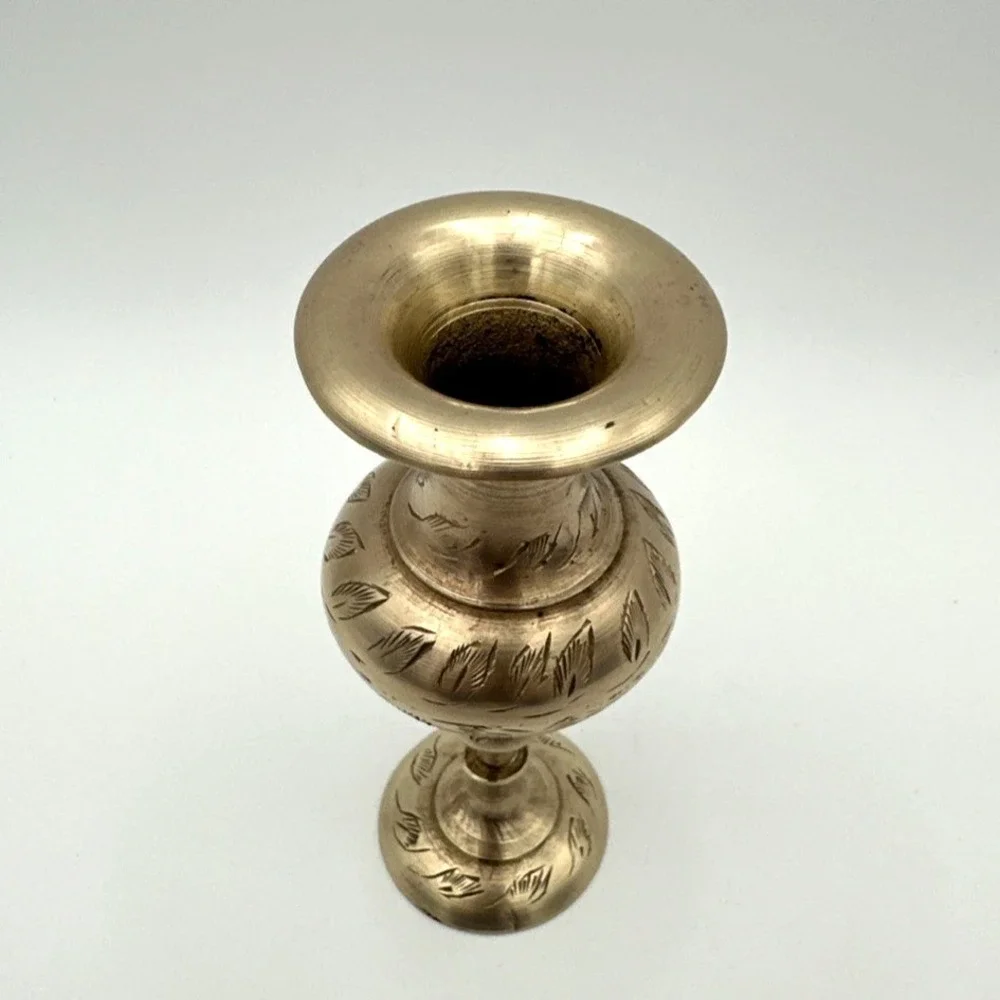 Vintage Brass Bud Vase Pedestal Base Etched Floral Leaf Boho Accent Decor 5